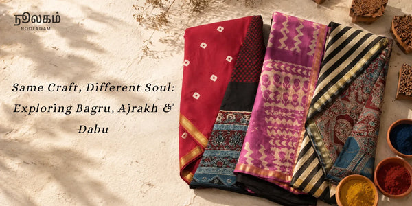 Explore three different hand block printed sarees, Bagru, Ajrakh & Dabu