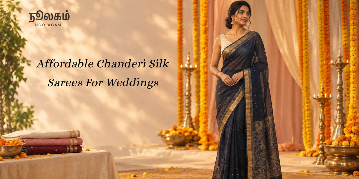 Affordable Chanderi silk sarees for weddings, woman in navy zari border saree with marigold décor