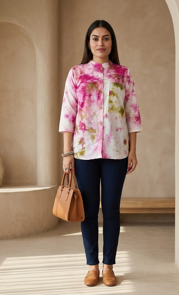 Pink, Olive & Ivory Tie-Dye Cotton Top