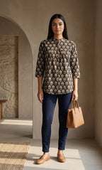 Black & Beige Hand Block Printed Cotton Top