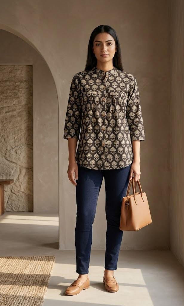 Black & Beige Hand Block Printed Cotton Top