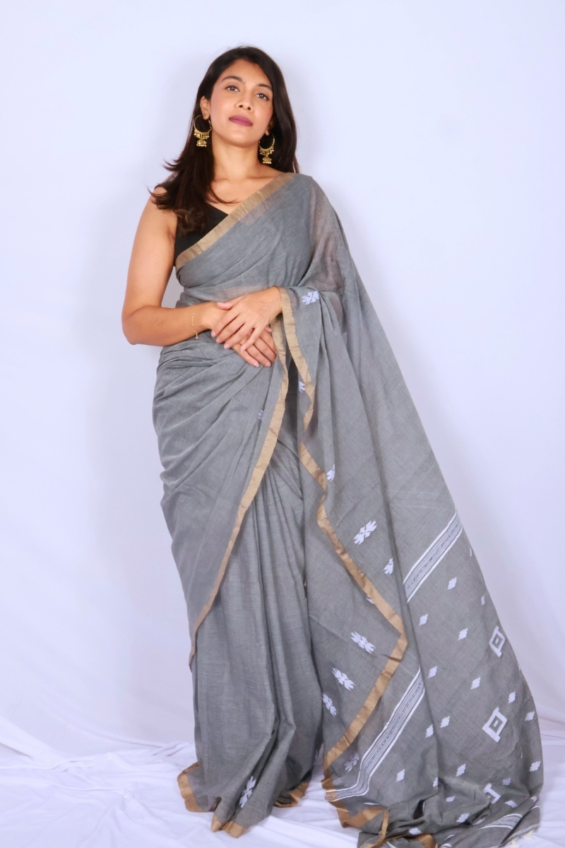Handloom Mul Cotton Saree - Charcoal Grey with Woven Motifs