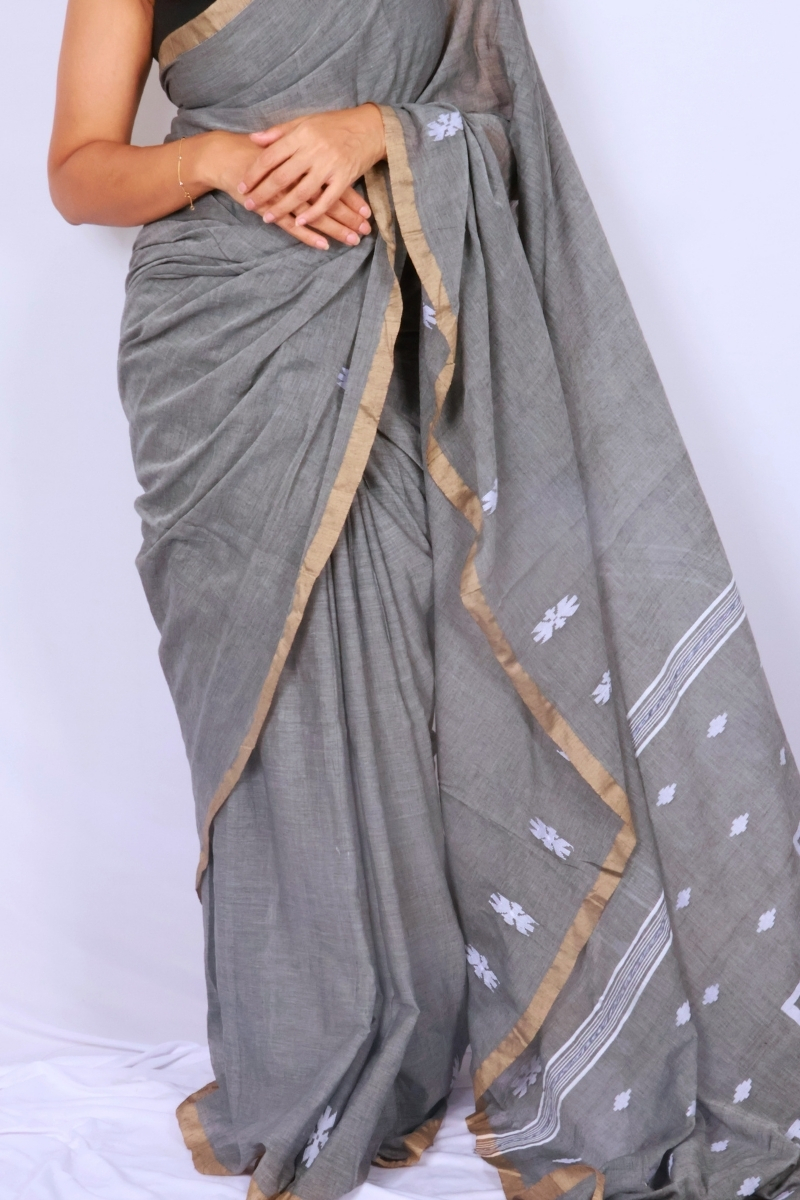 Handloom Mul Cotton Saree - Charcoal Grey with Woven Motifs