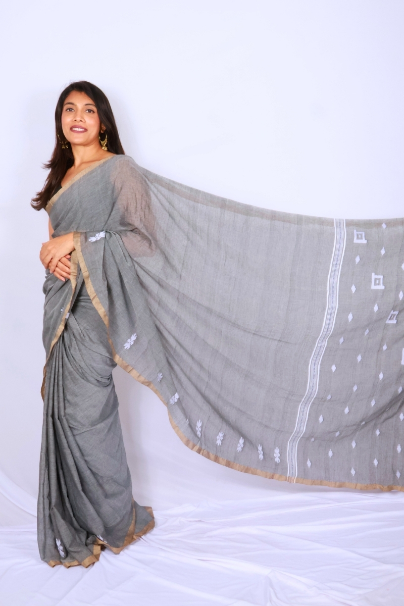 Handloom Mul Cotton Saree - Charcoal Grey with Woven Motifs