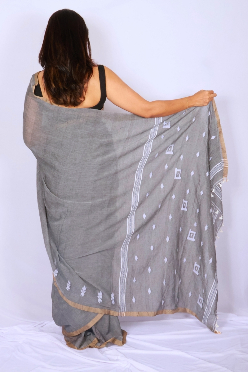 Handloom Mul Cotton Saree - Charcoal Grey with Woven Motifs