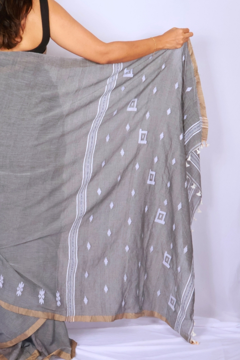Handloom Mul Cotton Saree - Charcoal Grey with Woven Motifs