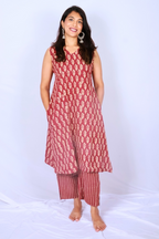 Oversized Hand Block Printed Cotton Co-ord Set – Maroon & Ivory Leaf Motifs