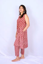 Oversized Hand Block Printed Cotton Co-ord Set – Maroon & Ivory Leaf Motifs