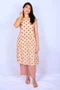 Oversized Hand Block Printed Cotton Co-ord Set – Beige & Crimson Hearts