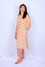 Oversized Hand Block Printed Cotton Co-ord Set – Beige & Crimson Hearts