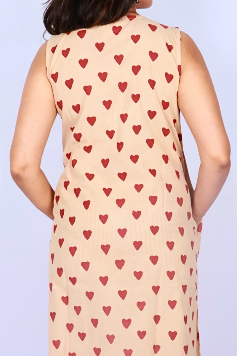 Oversized Hand Block Printed Cotton Co-ord Set – Beige & Crimson Hearts