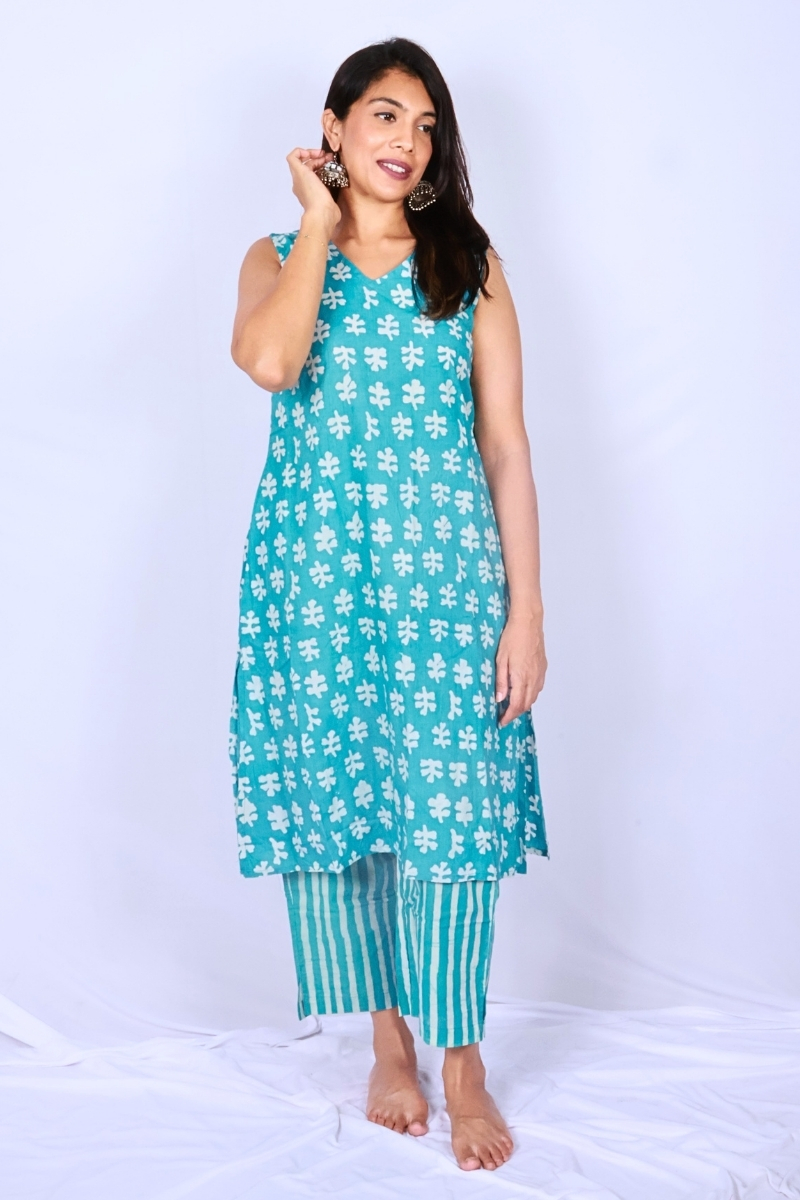 Hand Block Printed Cotton Co-ord Set - Powder Blue Floral