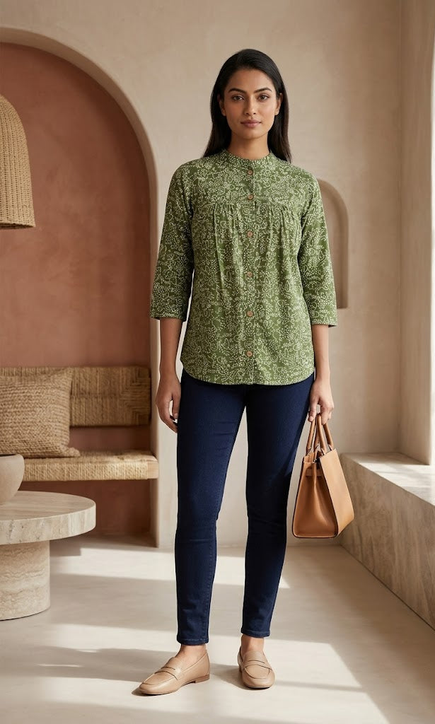 Olive Green Hand Block Printed Cotton Top