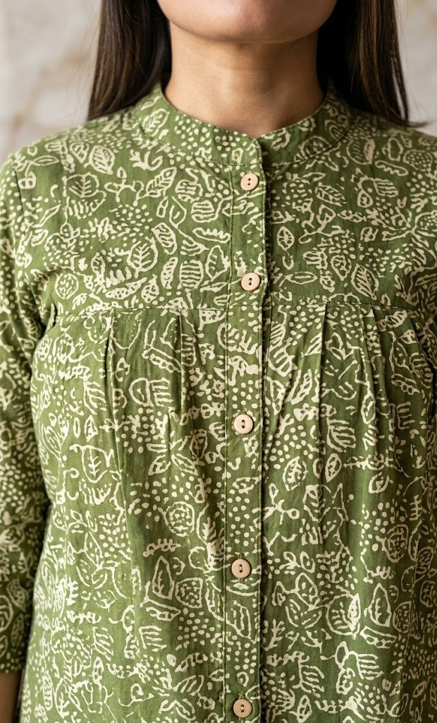 Olive Green Hand Block Printed Cotton Top