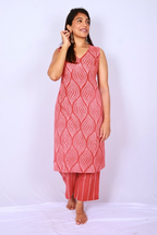 Oversized Hand Block Printed Cotton Co-ord Set – Coral Red Leaf Motifs
