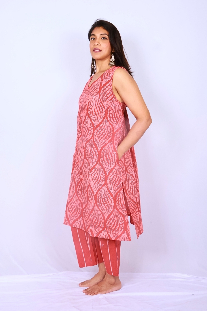 Oversized Hand Block Printed Cotton Co-ord Set – Coral Red Leaf Motifs
