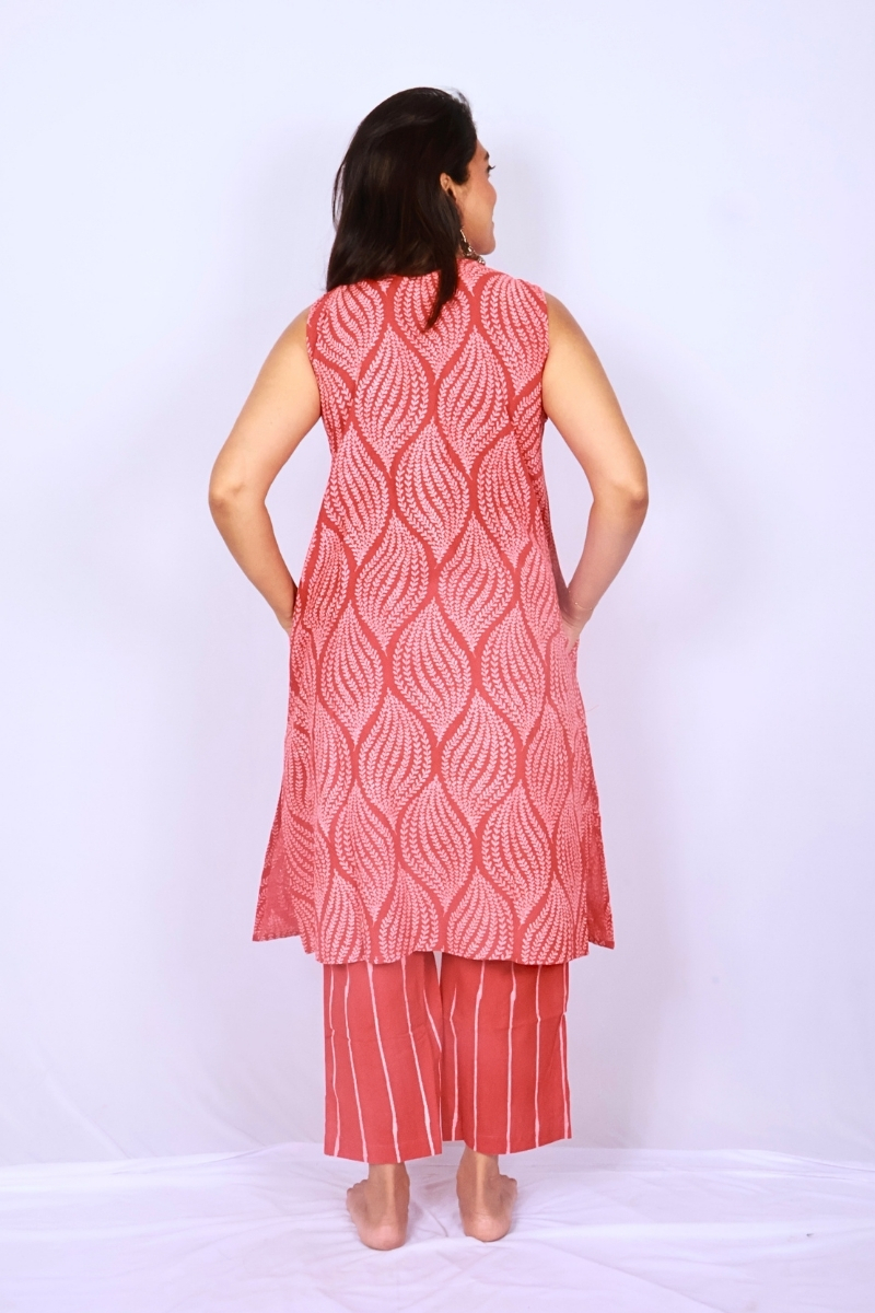 Oversized Hand Block Printed Cotton Co-ord Set – Coral Red Leaf Motifs