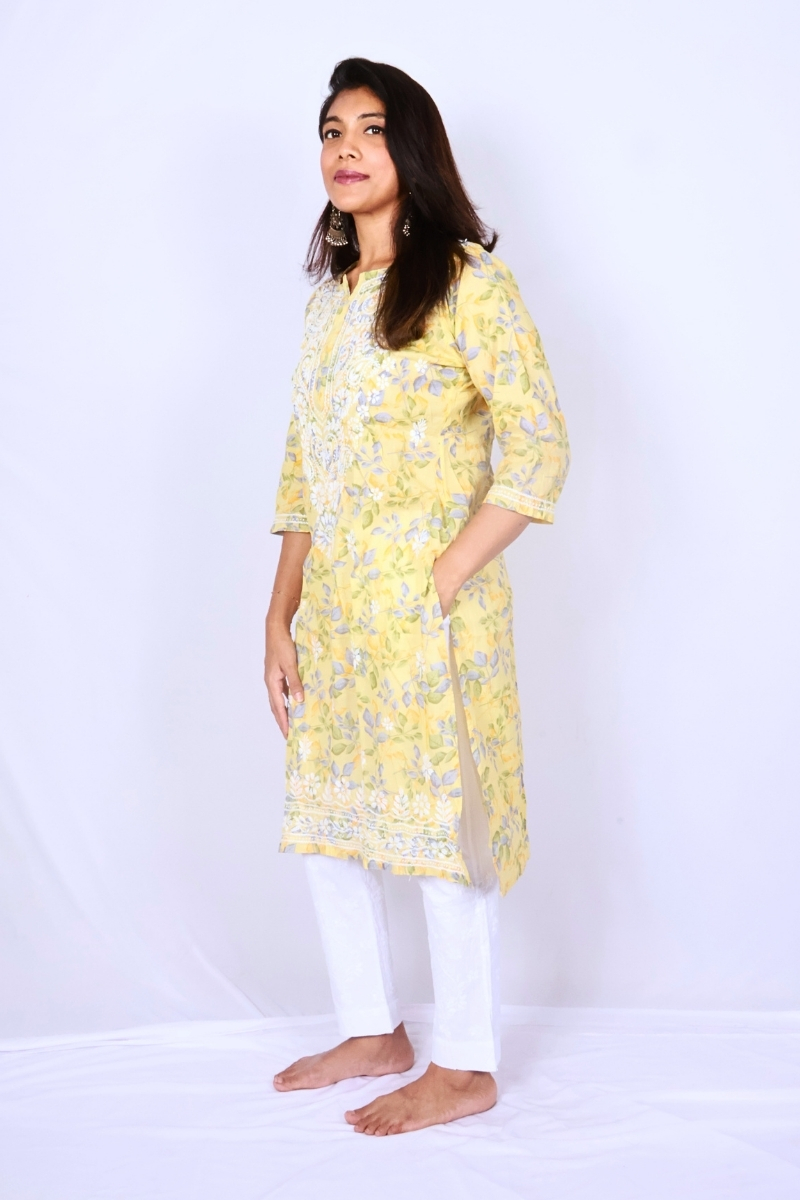 Lemon Yellow Floral Chikankari Kurti ‚ Lucknow