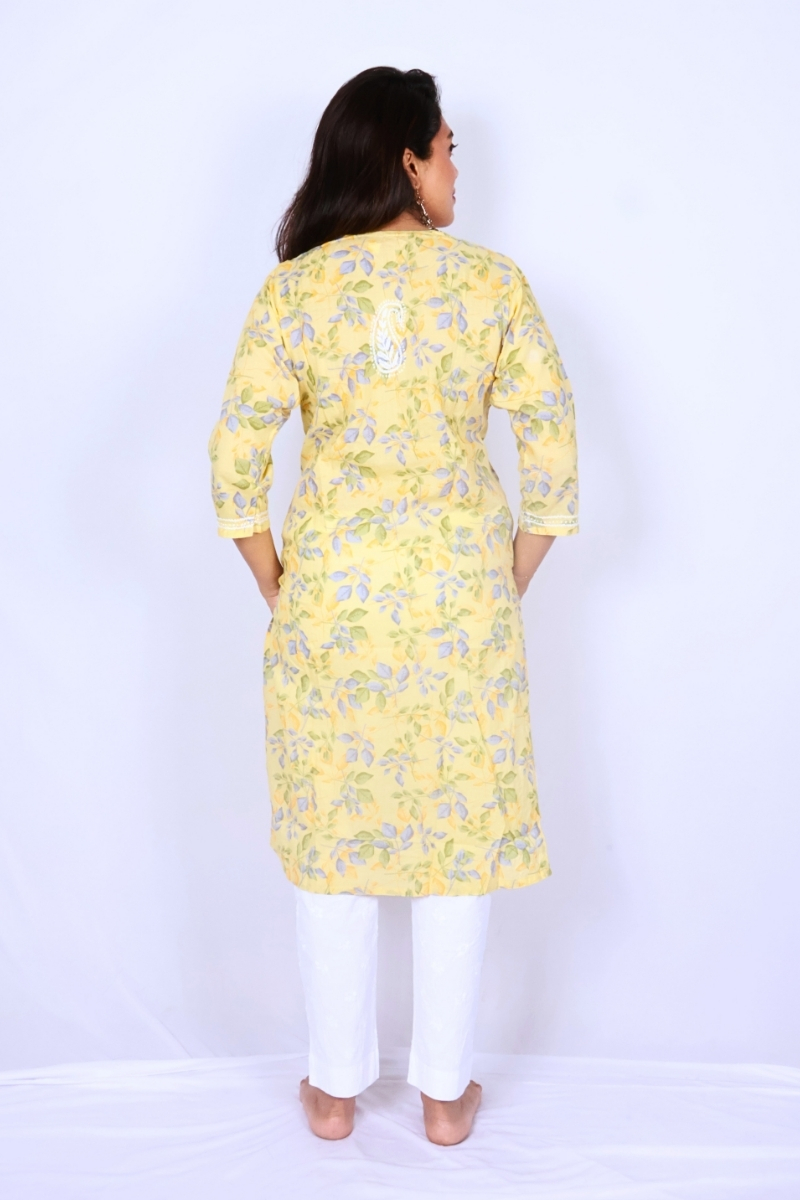 Lemon Yellow Floral Chikankari Kurti ‚ Lucknow