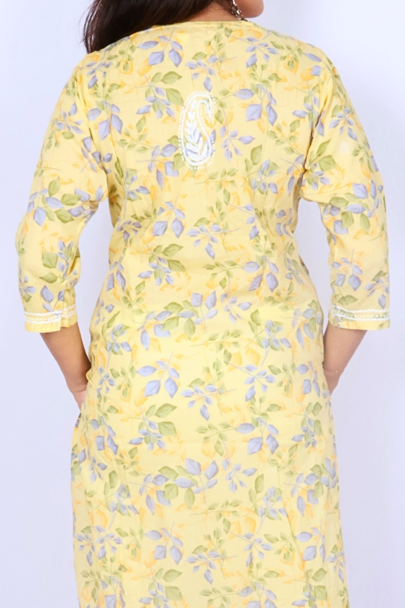 Lemon Yellow Floral Chikankari Kurti ‚ Lucknow