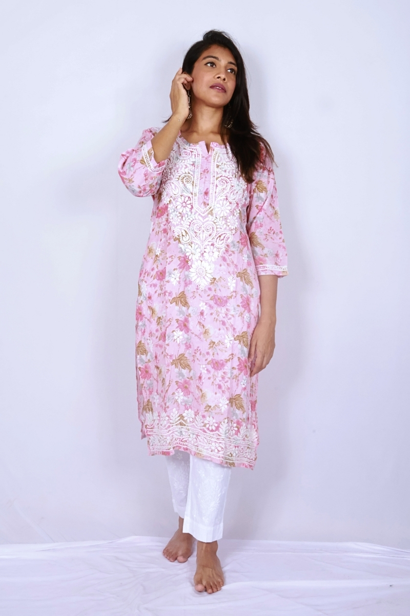 Blush Pink Floral Chikankari Kurti ‚ Lucknow