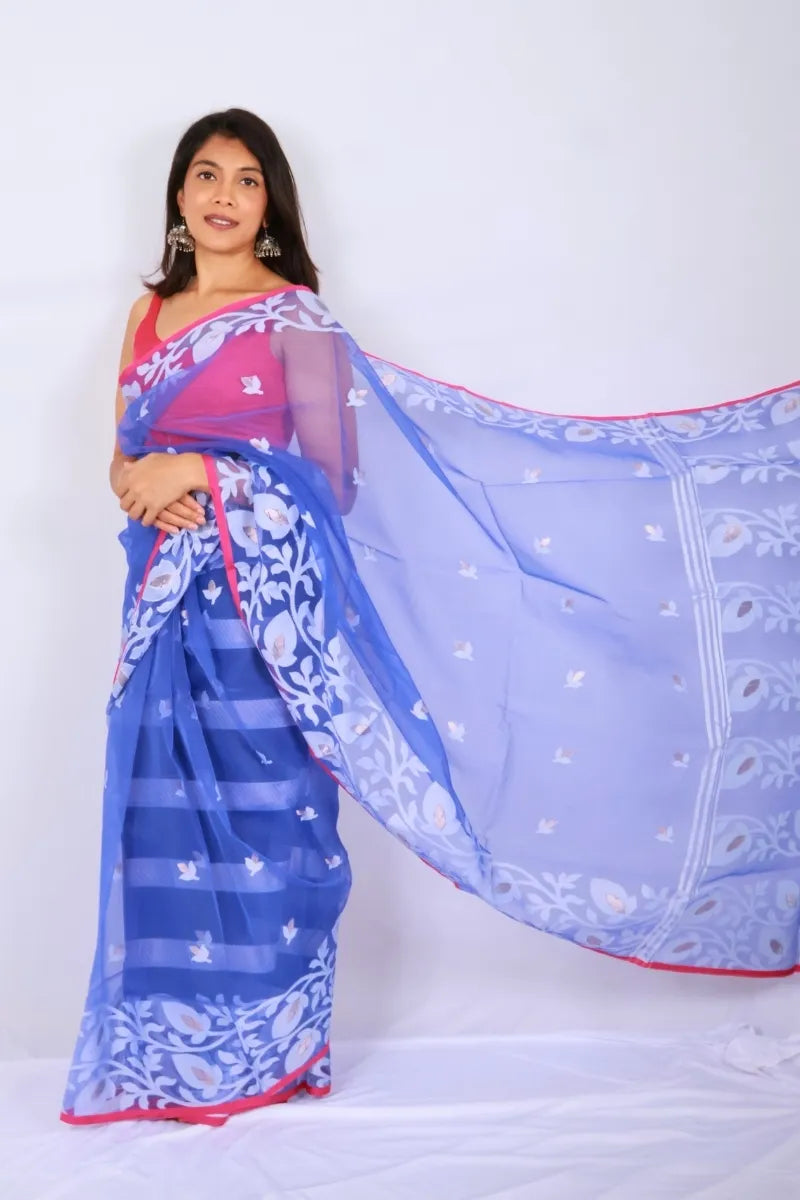 Royal blue and pink Phulia muslin art silk Jamdani saree with floral motifs and striking contrast border Noolagam_3