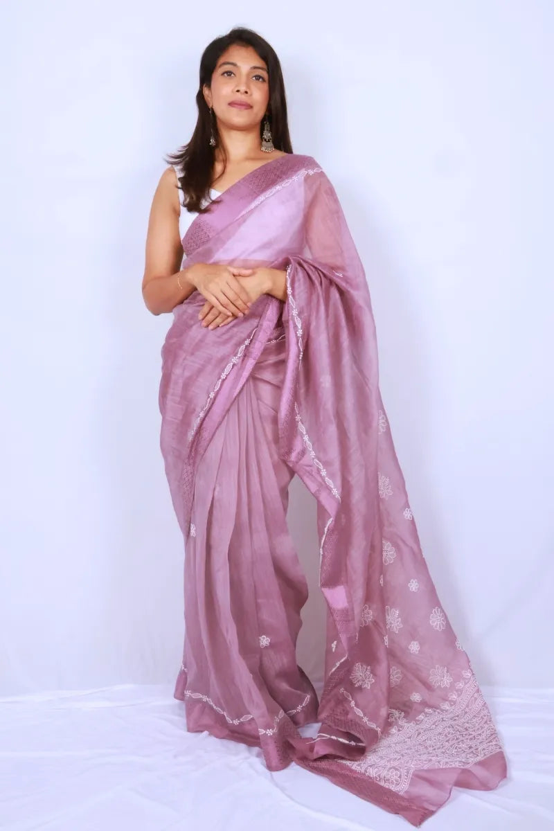 Mauve Chanderi Chikankari saree from Lucknow with white floral hand embroidery and detailed pallu Noolagam