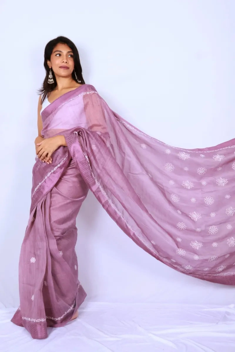 Mauve Chanderi Chikankari saree from Lucknow with white floral hand embroidery and detailed pallu Noolagam_3