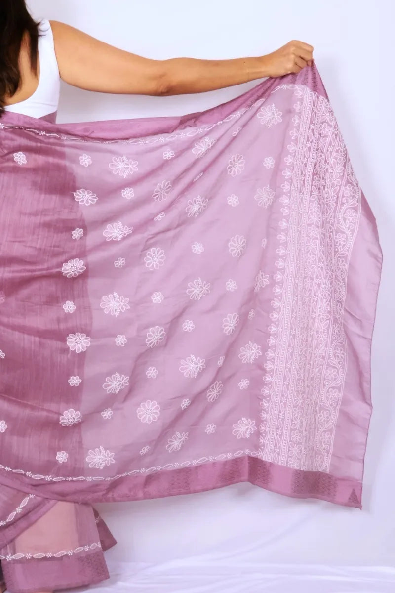 Mauve Chanderi Chikankari saree from Lucknow with white floral hand embroidery and detailed pallu Noolagam_5