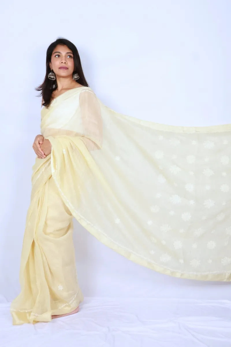 Butter yellow Chanderi Chikankari saree from Lucknow with delicate white floral hand embroidery Noolagam_3