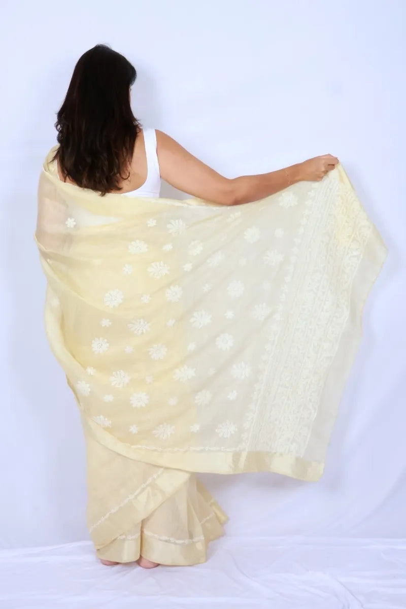 Butter yellow Chanderi Chikankari saree from Lucknow with delicate white floral hand embroidery Noolagam_4