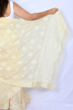 Butter yellow Chanderi Chikankari saree from Lucknow with delicate white floral hand embroidery Noolagam_5