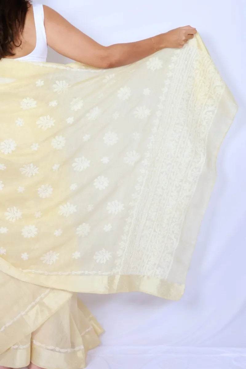 Butter yellow Chanderi Chikankari saree from Lucknow with delicate white floral hand embroidery Noolagam_5