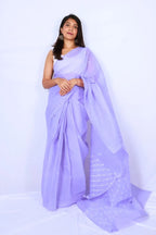 Lavender cotton Chikankari saree from Lucknow with delicate white embroidery on border and pallu Noolagam