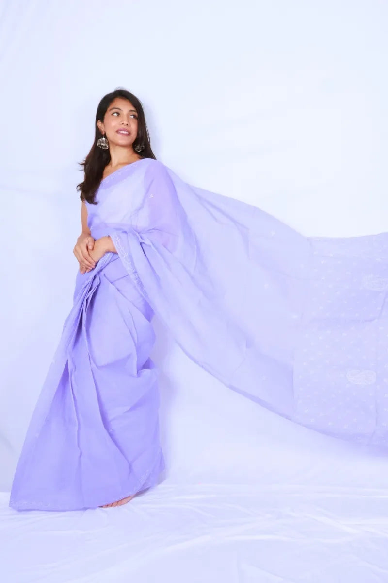 Lavender cotton Chikankari saree from Lucknow with delicate white embroidery on border and pallu Noolagam_3