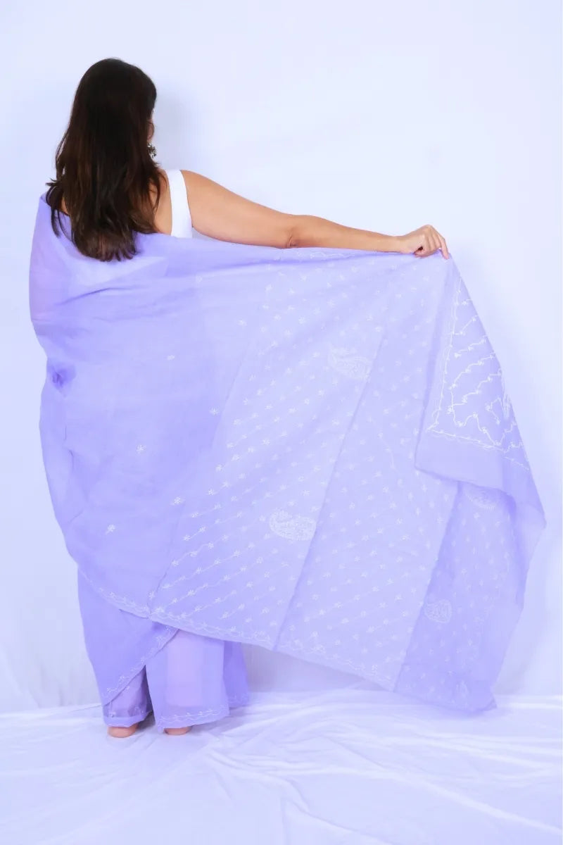 Lavender cotton Chikankari saree from Lucknow with delicate white embroidery on border and pallu Noolagam_4