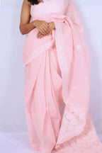 Baby pink cotton Chikankari saree from Lucknow with intricate white embroidered border and pallu Noolagam_2