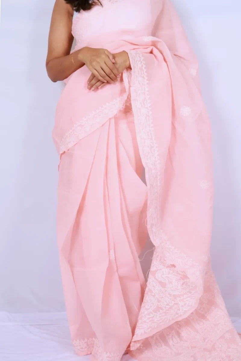 Baby pink cotton Chikankari saree from Lucknow with intricate white embroidered border and pallu Noolagam_2