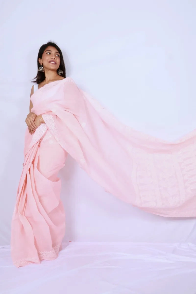 Baby pink cotton Chikankari saree from Lucknow with intricate white embroidered border and pallu Noolagam_3