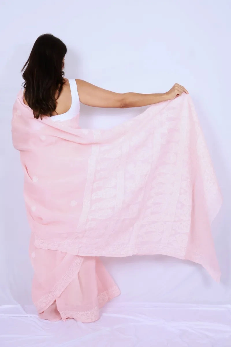 Baby pink cotton Chikankari saree from Lucknow with intricate white embroidered border and pallu Noolagam_4