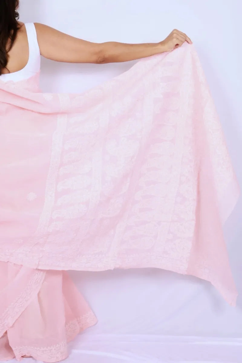 Baby pink cotton Chikankari saree from Lucknow with intricate white embroidered border and pallu Noolagam_5