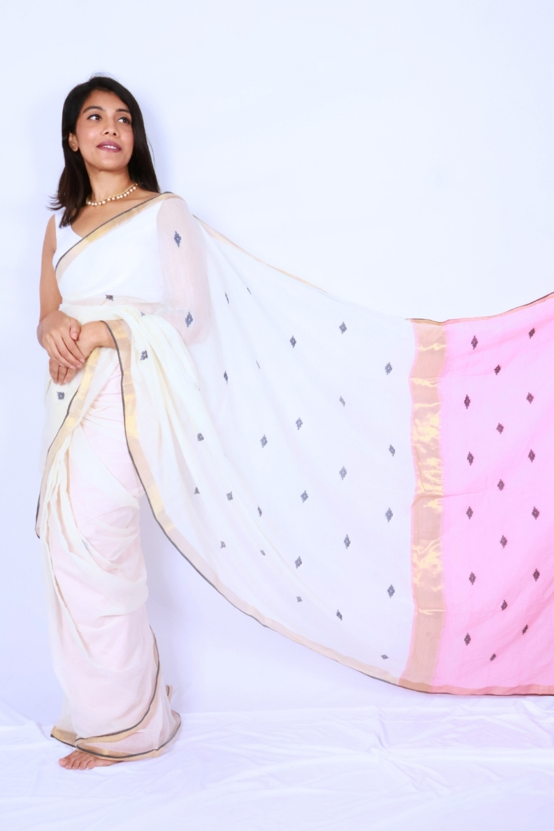 Handloom Mul Cotton Saree - Ivory with Navy Border