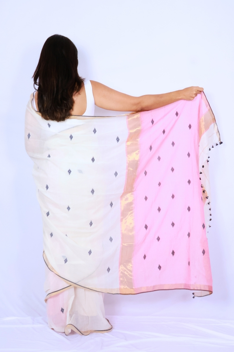 Handloom Mul Cotton Saree - Ivory with Navy Border