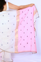 Handloom Mul Cotton Saree - Ivory with Navy Border