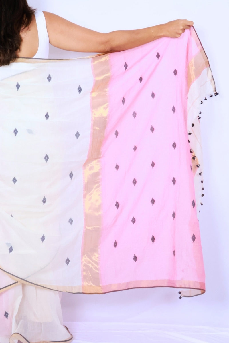 Handloom Mul Cotton Saree - Ivory with Navy Border