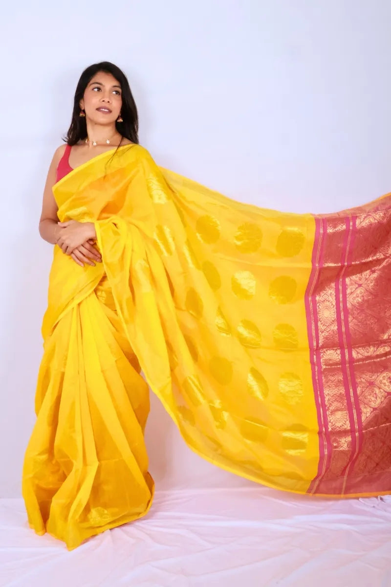 Yellow and pink Phulia handloom cotton saree with rich pink pallu and elegant woven detailing Noolagam_3