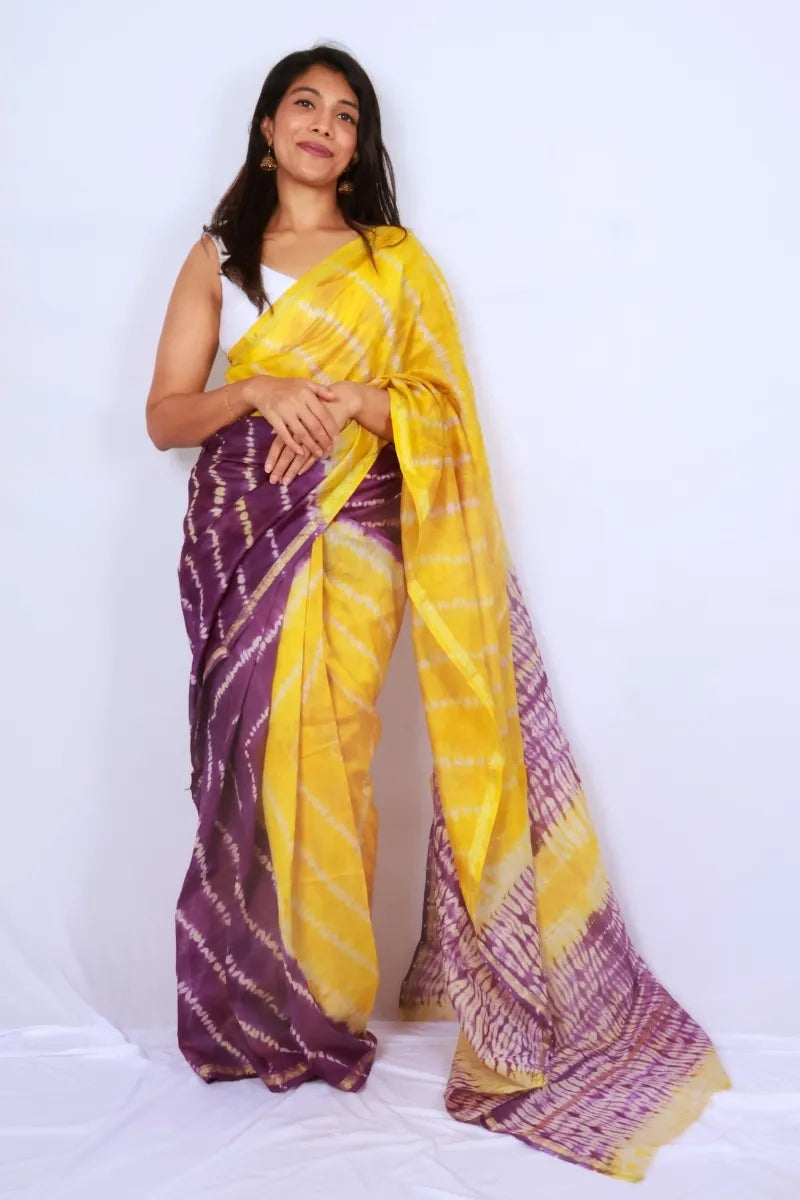 Yellow Purple Chanderi Silk Cotton Saree Tie-Dye Inspired — Noolagam