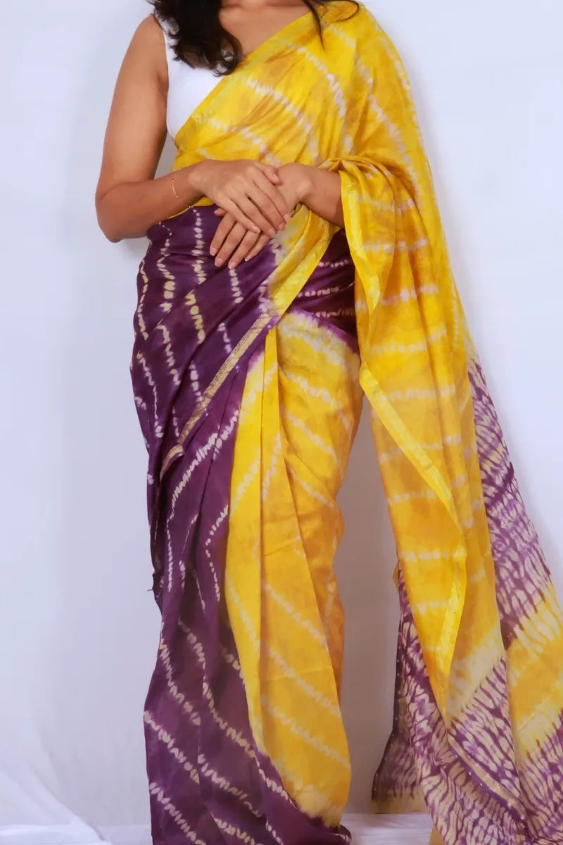Yellow Purple Chanderi Silk Cotton Saree Tie-Dye Inspired — Noolagam_2