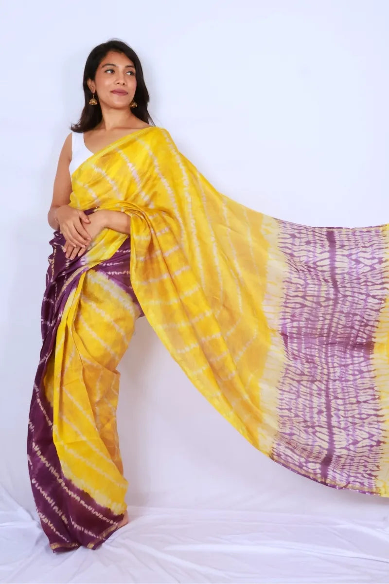 Yellow Purple Chanderi Silk Cotton Saree Tie-Dye Inspired — Noolagam_3