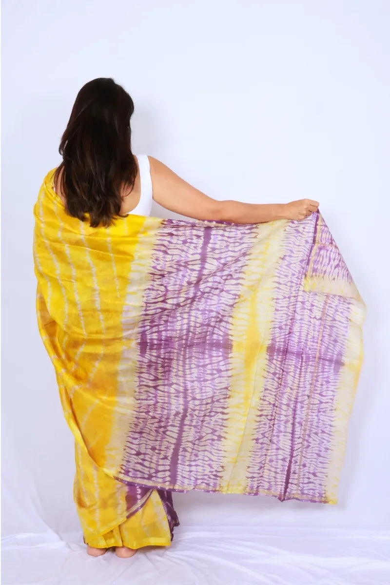 Yellow Purple Chanderi Silk Cotton Saree Tie-Dye Inspired — Noolagam_5